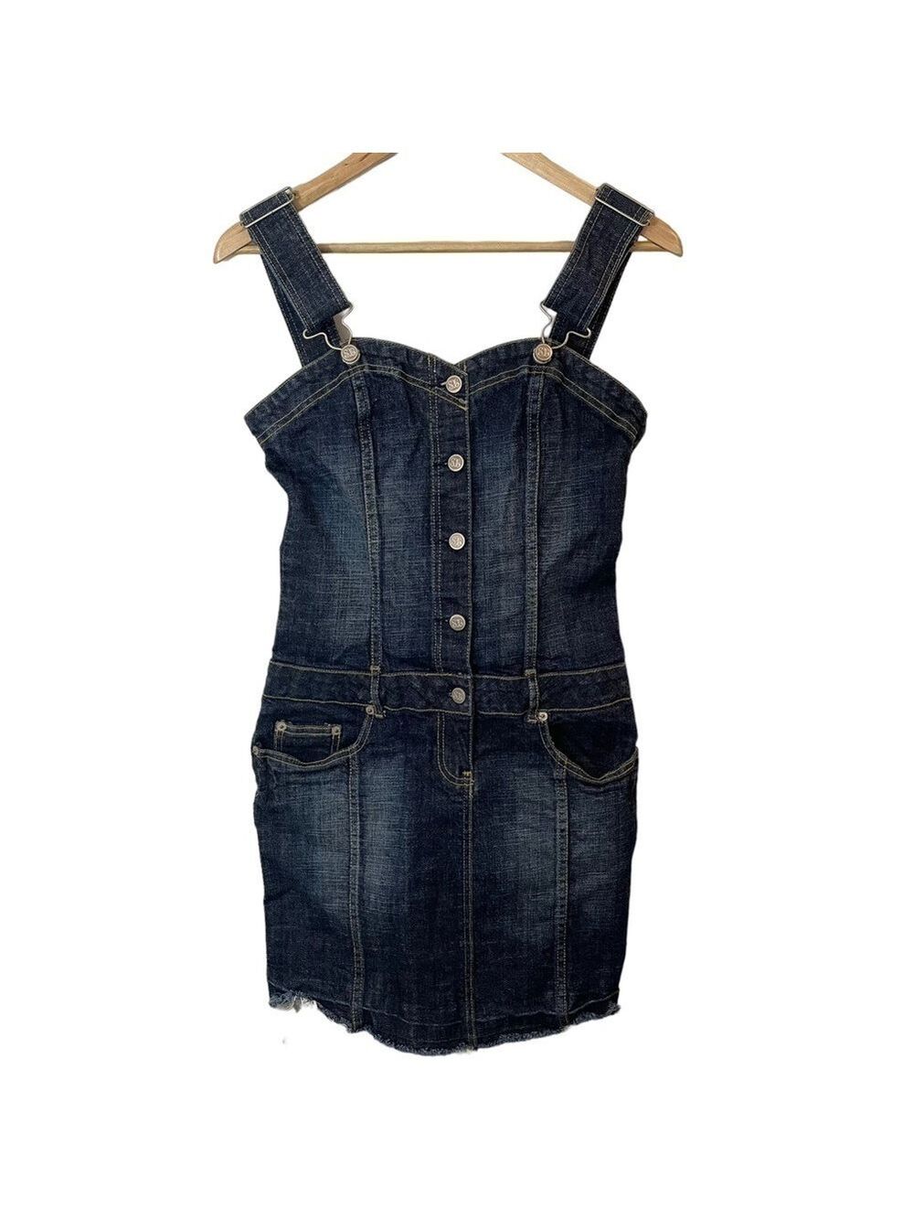 SB Jeans Y2K Denim Mini Dress Sz XS Blue Sweetheart Neckline Overalls Barbie 90s